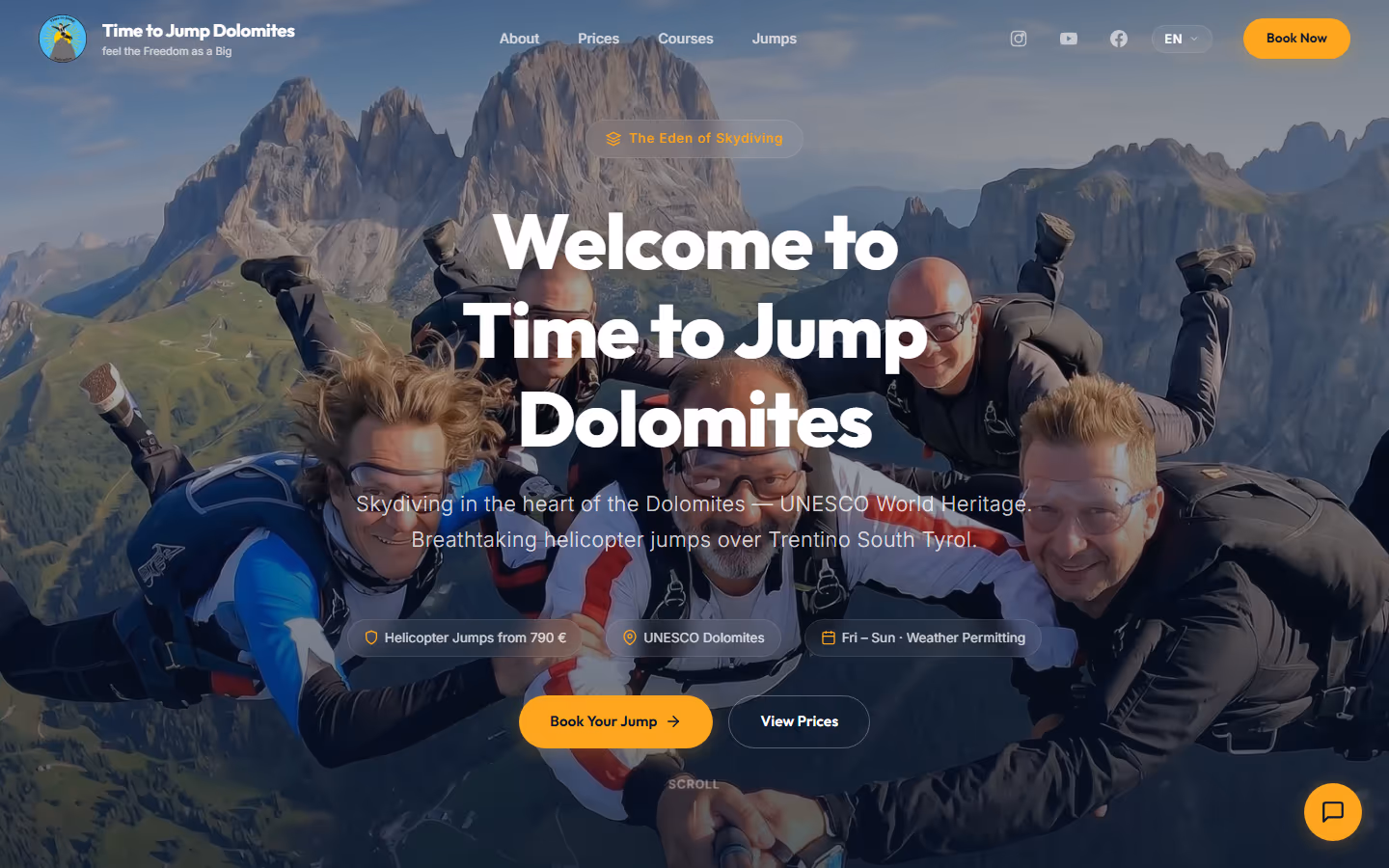 Startseite von timetojumpdolomites.com — Buchungsplattform für Tandemsprünge in den Dolomiten