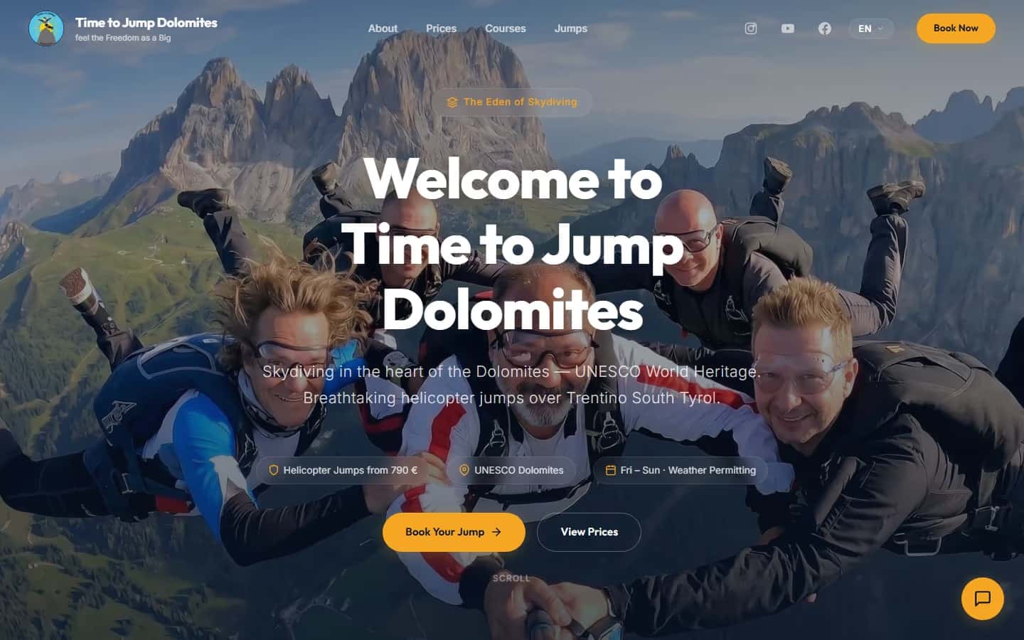 Homepage of timetojumpdolomites.com — booking platform for tandem skydives in the Dolomites