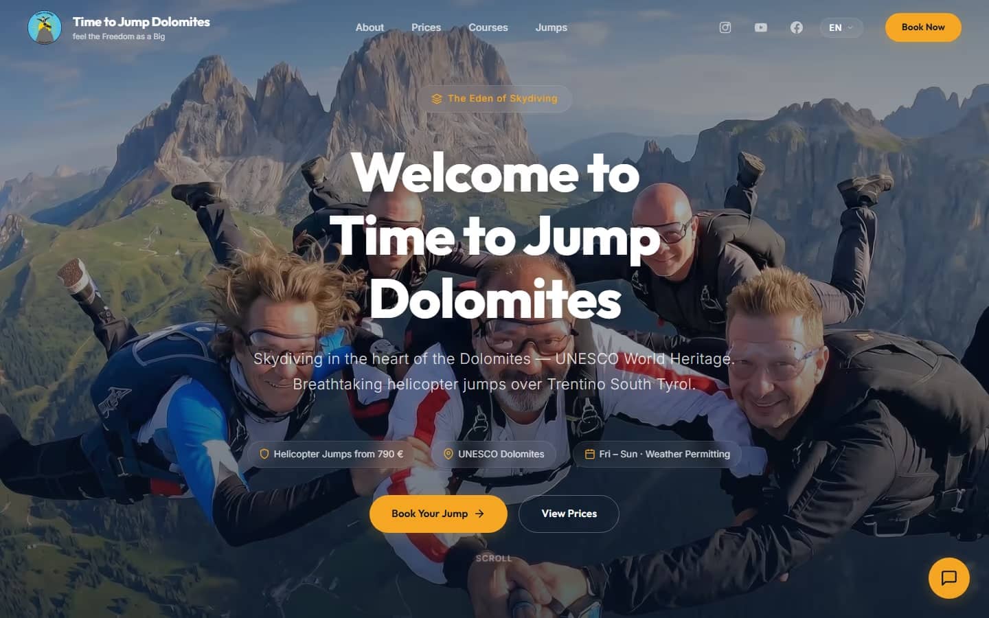 Homepage of timetojumpdolomites.com — booking platform for tandem skydives in the Dolomites